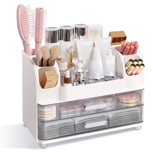 Makeup Organizer with 2 Drawers & 6 Brush Holders | White