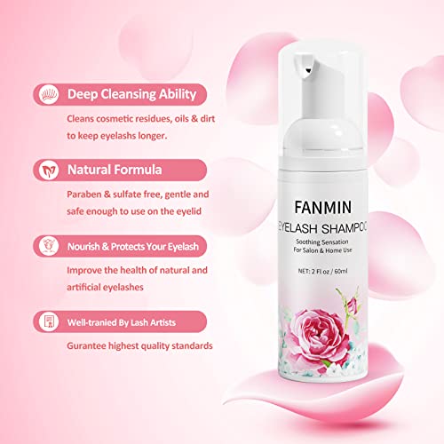 FANMIN 2 Fl Oz (60ml) Eyelash Extension Cleanser with Mascara & Brush Set, Paraben & Sulfate Free Eyelash Wash for Salon & Home Use