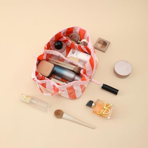 DYSHAYEN Stripe Travel Makeup Bag with Compartments Clear Coated Cosmetic Bag for Women, Waterproof Portable Open Flat Toiletry bag £¨Pink-Orange£©