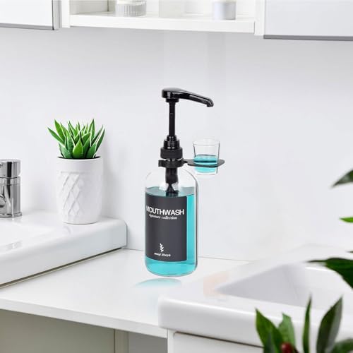 Clear Glass Mouthwash Dispenser with Cup Holder and Pump, 16 Oz