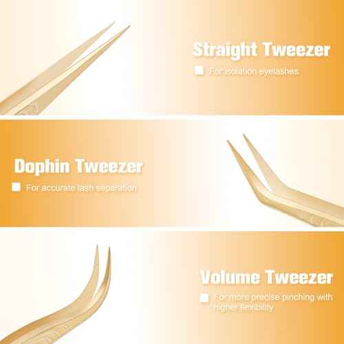 Lash Tweezers for Eyelash Extension, Professional Lash Extension Tweezer Set, High Precision Eyelash Tweezers for Volume Eyelash Extensions (Gold, 5PCS Set)