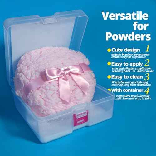 6" Large Powder Puff for Body Powder, Soft Body Dusting Powder Puff with Container, Washable, Quick Even Application, Pink