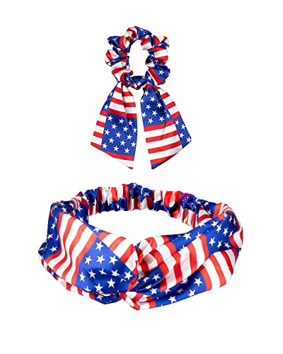 Patriotic Turban Headband Hair Scrunchies American USA Flag Headwear Hair Bands Tie JHN62 (2 Pcs-Set A)