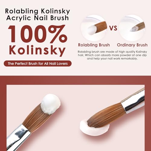 Rolabling Kolinsky Sable Acrylic Brushes Nail Art Brush Red Wooden Pen Nail Brush for Nail Art Manicure Tool for Acrylic Powder Application Nail Extension 3D Nail Carving (10#)