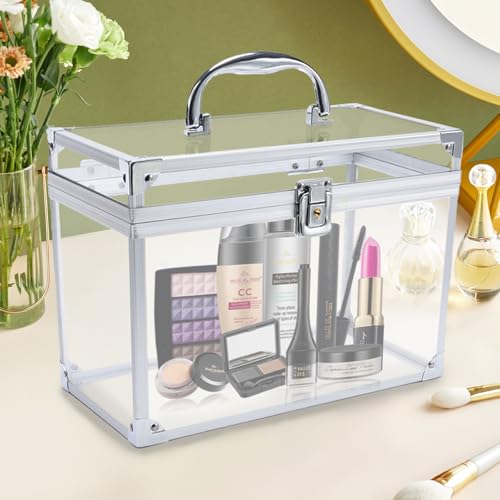 Crown Box, Clear Cosmetic Case, Acrylic Artists Display Case, Toiletry Train Case with Latches & Handle Large Capacity Acrylic Travel Makeup Tools Box for Vanity Dresser Bathroom Counter (Silver)