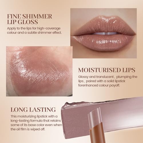 Lip Combo Sets, Brown Plumping Lip Contour Liner Pencil and Nude Lipstick Combo, Matte Highly Pigmented Lip Liner Moisturizing High Shine Shimmer Long Lasting Lipstick Stain Makeup04