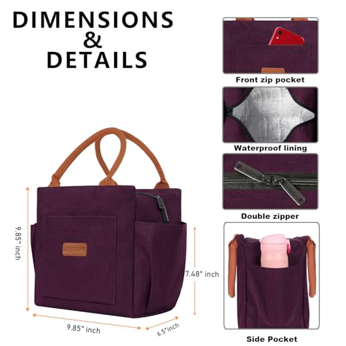 Joymee Lunch Bag Women Insulated Lunch Box Reusable Leakproof Large Spacious Cooler Tote for Women Men Adult with Bottle Holder and Side Pockets for Work Office Travel Picnic - Dark Purple