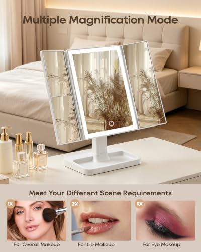 White Rectangular Trifold Vanity Mirror with Lights, 8.7"L x 13.6"W, Dimmable LED & Magnification