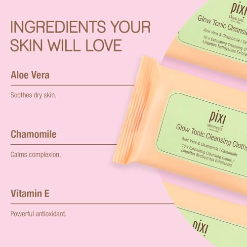 Pixi Beauty Glow Tonic Cleansing Cloths | Cleansing, Exfoliating, and Hydrating Disposable Face Towelettes | 3 Packs of 10 Face Wipes (30 Wipes Total)