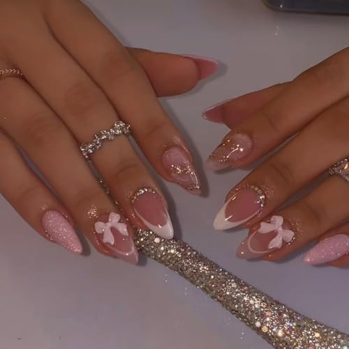 YIHONGYAN Style A13 Medium Almond Pink French Press-On Nails Kit with Charms, Full Cover Fake Nails for Women