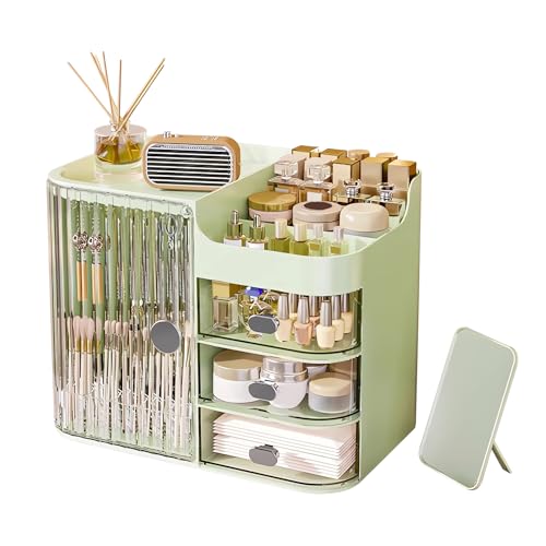 DASITON Makeup Organizer for Vanity,Large Capacity Makeup Storage Organizer with 3-Layer Drawers and Mirror,Cosmetics Display Case Make up Organizers for Vanity,Bedroom,Countertop(Green)