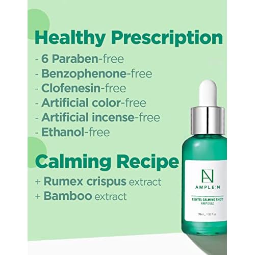 AMPLE:N Centel Calming Shot Ampoule - Korean Soothing Face Serum with Centella Asiatica to Calm Irritated & Sensitive Skin - Redness Relief, Acne Spot Treatment & Moisturizing, 1.01 fl.oz.