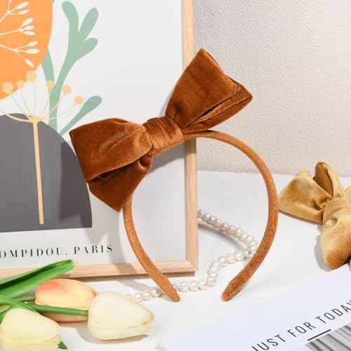 DEEKA Velvet Bow Headband 2 PCS Hair Band Hair Bows with bow Velvet Christmas Hair Accessories for Toddlers Women and Girls (Orange,Gold)