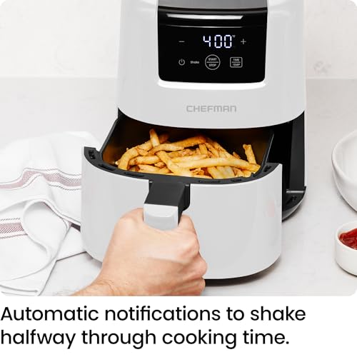 CHEFMAN 2 Qt Mini Air Fryer – Digital Space-Saving Compact Air Fryer with Nonstick and Dishwasher Safe Basket, Quick & Easy Meals in Minutes, Features Digital Timer and Shake Reminder – White