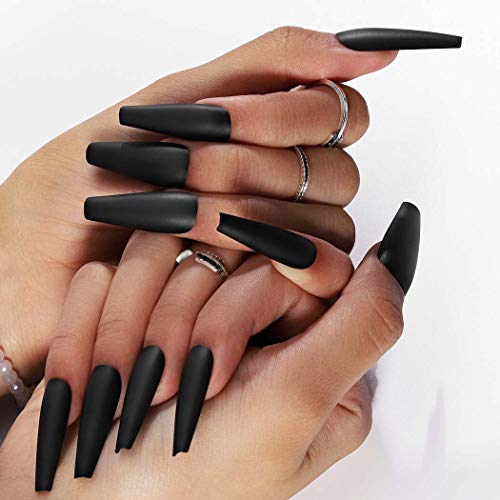 Outyua Black Super Long Matte Press on Nails Coffin Ballerina Fake Nails Designer Acrylic Extra Long False Nails Artificial Full Cover Nails Tips for Women and Girls 24Pcs (Black)