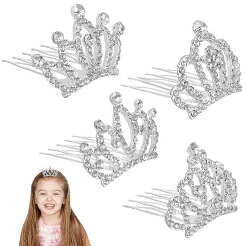 minkissy 4pcs Crown Comb Hair Clips Medium Girl Hair Clips Combs for Kids Cute Tiaras Small Rhinestone Tiara Mini Rhinestone Mini Tiara Crowns for Little Girls Kids Party Headdress Silver