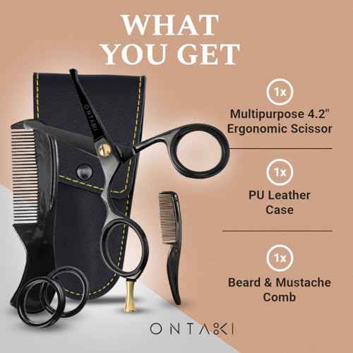 Ontaki Mustache Scissors - 4.2" Black Japanese Steel - Beard & Nose Hair Trimming Scissors for Men - Rounded Tip Ergonomic Handles - Hand-Forged Mustache Grooming Kit