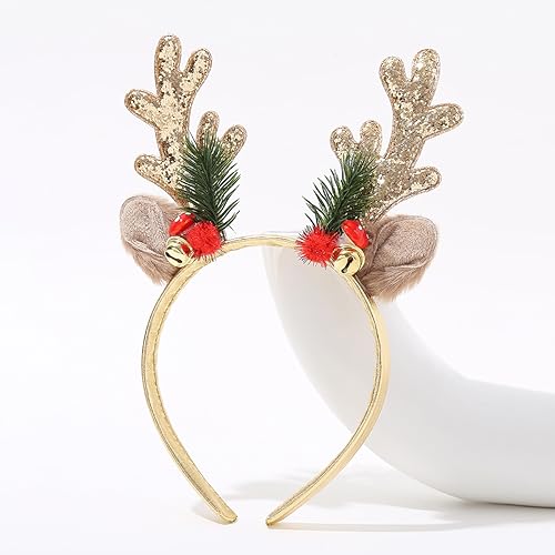 TIMMOKO Christmas Headbands for Women Girls Gold Elk Antler Hair Bands Teddy Bear Ear Headband with Jingle Bells Glod Glitter Full Cover Hair Bands Christmas Headbands