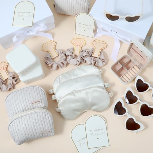 43 Pcs Bridesmaid Proposal Gifts Set of 6 Bridesmaid Boxes Bulk Will You Be My Maid of Honor Gift with Makeup Bag Case Eye Mask Glasses Hair Scrunchies Gift Box for Wedding Bride Shower(Beige)