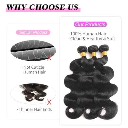 12A Human Hair Bundles 20 22 24 Inch Body Wave 3 Bundles Human Hair 100% Unprocessed Brazilian Virgin Hair Bundles Quick Weave Hair Extension Natural Black