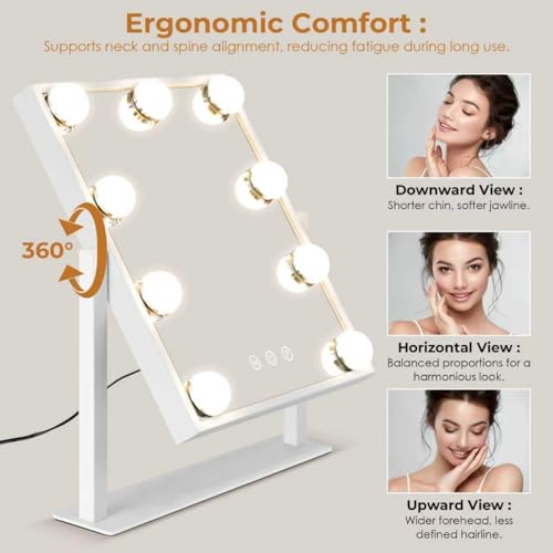 Vanity Mirror with Lights, Makeup Mirror with 3 Lighting Modes, Light Up Mirror with Touch Sensor, AC-Powered, 360 Rotatable, Metal Frame, with Detachable 10X Magnifying Spot Mirro, 14.1"