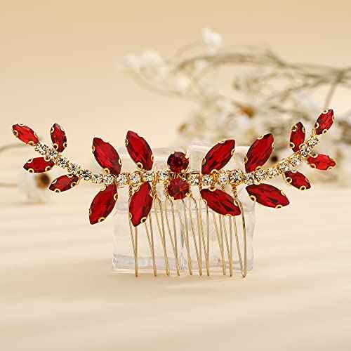 Teyglen Bridal Red Crystal Hair Comb - Rhinestone Headpiece for Brides, Women, and Girls
