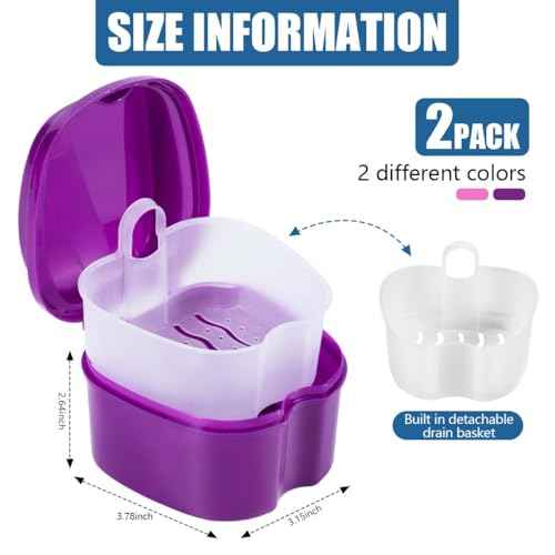 2 Pack Colors Denture Bath Case Cup Box Holder Storage Soak Container with Strainer Basket for Travel Cleaning (Pink and Purple)