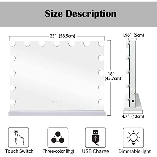 Filytop 22.8"x 18.1" Makeup Mirror with Lights,10X Large Hollywood Lighted Vanity Mirror with 15 Dimmable LED Bulbs,3 Color Modes,Touch Control,Tabletop or Wall-Mounted, White