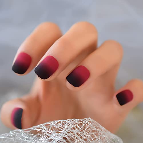 Dark Red Black Gradient Press On Nails Short Squoval False Nails Women Girls Nail Art Tips Full Cover Reusable Salon Beauty Fake Fingernails Datechable Manicure Acrylic Nails