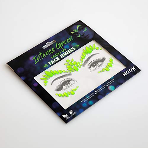 Neon UV Face Jewels by Moon Glow - Festival Face Body Gems, Crystal Make up Eye Glitter Stickers, Temporary Tattoo Jewels (Intense Green)