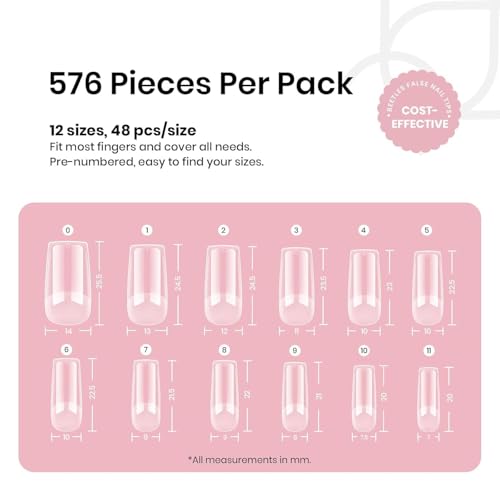 Beetles A- Square M Nail Tips Medium Square 576Pcs - Pre-Etched Acrylic Gel Extensions