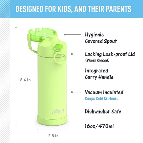 THERMOS FUNTAINER 16 Ounce Stainless Steel Vacuum Insulated Bottle with Wide Spout Lid, Neon Lime