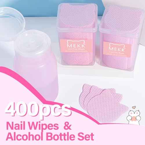 MEKK Lint Free Nail Wipes with Acetone Dispenser Set 400PCS Cat-Shaped Lint Free Wipes with 200ml Anti-Corrosion Empty Push Down Pump Dispenser Bottle for Acetone,Alcohol,Nail Polish Remover,ect