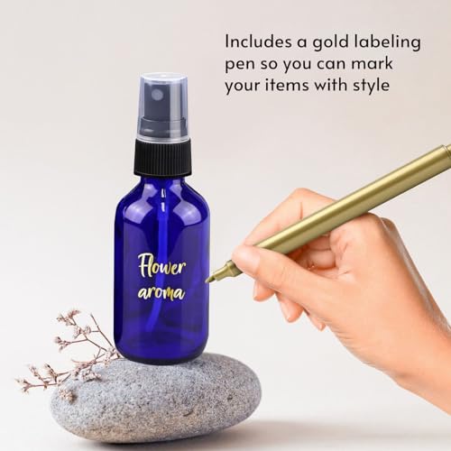 CULINAIRE 4oz Glass Spray Bottles with Gold Pen Marker, Small Spray Bottle for Hair Spray, Essential Oil, Colognes, and Hand Sanitizers, Blue, Pack of 12
