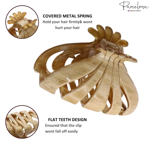 Parcelona French Fleur Medium 3.25" Wide Celluloid Claw Clips Covered Spring Fashion Durable Styling Clips Women Hair Accessories No Slip Grip Hair Clip for Girls, Made in France (Dusty Beige Brown)