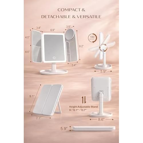 Lupow Makeup Mirror Vanity Mirror with 3 Lighting and Adjustable Brightness,Detachable Height-Adjustable Dresser Mount,2X,3X,10X Magnification,Suitable for Bathrooms,Vanity,Ideal Gifts for Women