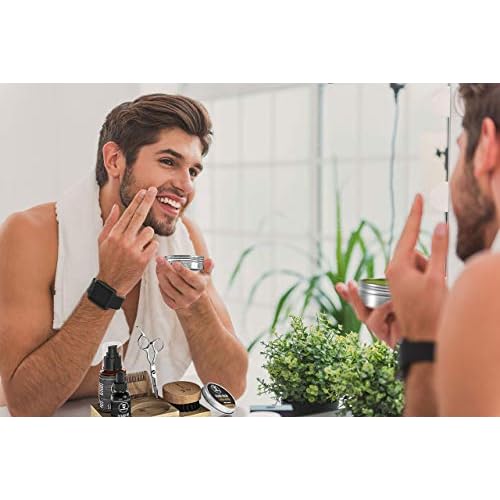 Striking Viking Beard Growth Kit - 7-Piece Set, Sandalwood - Softening Sandalwood Beard Oil & Balm - Brush with Mustache Comb & Scissors - Compact Caddy Organizer & Gifts for Men