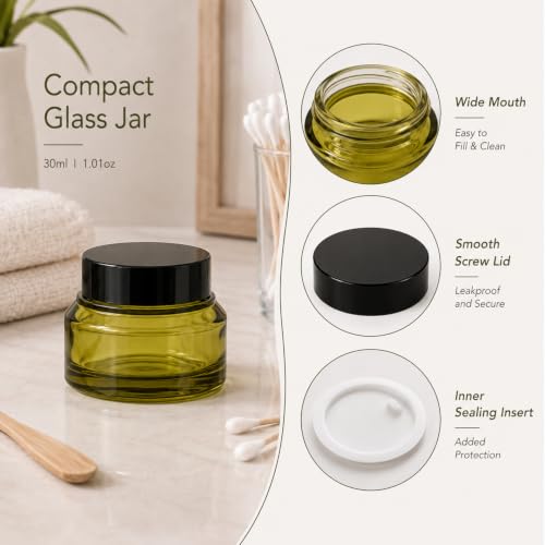 6 Pack Refillable 1oz Green Glass Cosmetic Jars with Lids - Makeup & Skincare Containers