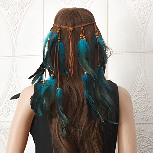 CAKURE Boho Feather Headbands Indian Gypsy Costume Feather Headpiece Blue Hippie Headband Hair Band Festival Headdress Handmade Feather Hair Accessories (Type A)