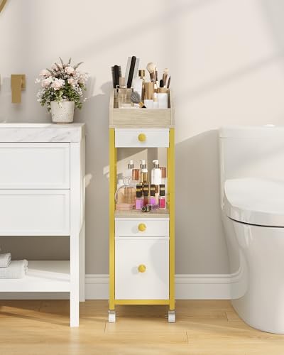 Rolling Makeup Organizer Cart with Drawers – 33in Metal & Fabric Storage