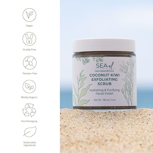 Sea El Coconut Kiwi Exfoliating Face Scrub Hydrating Calming & Purifying Anti Aging Exfoliator - Bamboo Pumice & Green Tea Detoxifying Exfoliant Facial Cleanser & Polish for Women & Men - 4 Oz
