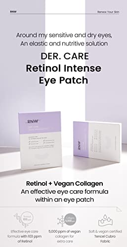 RNW Der. Care Retinol Intense Eye Patch 10 Pairs * 0.2 oz | Under Eye Soothing Mask for Dark Circles, Eye Bags, Puffiness with Vegan Collagen, Hydrating Formula | Korean Skin Care