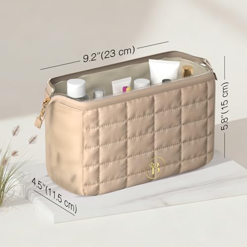BLOOMORA Quilted Camel Makeup Bag with Wide-Open Top