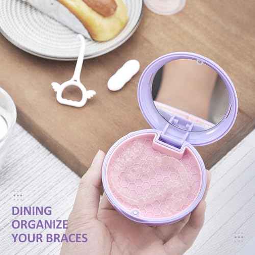 Retainer Case with Mirror,Slim Aligner Case with Vent Holes,Cute Dental Brace Box with Retainer Removal Tool and Brush (Purple Pink)