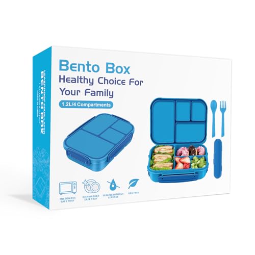 Amathley Lunch Box Kids,Bento Box Adult,Leakproof Lunch Containers for Adults/Kids/Toddler,1200ML-4 Compartments bento Lunch box with Utensil,Microwave & Dishwasher & Freezer Safe (Blue)