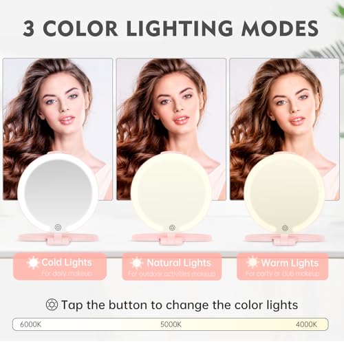 FUNTOUCH 7-Inch Rechargeable Travel Makeup Mirror with 10X Magnification & LED Light, Pink