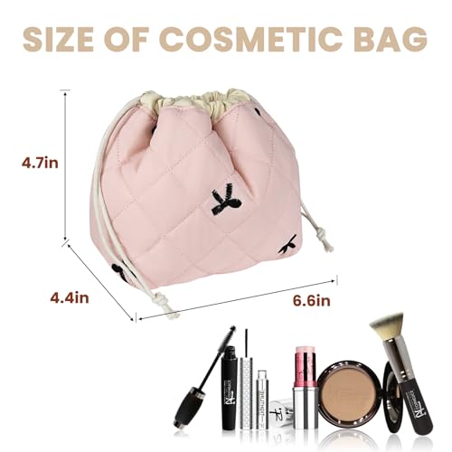 Large Makeup Bag, Cute Drawstring Cosmetic Bag with Canvas Lining, Floral Coquette Aesthetic Toiletry Bag, Travel Make Up Organizer Bag for Women and Girl (Pink Black Bow)