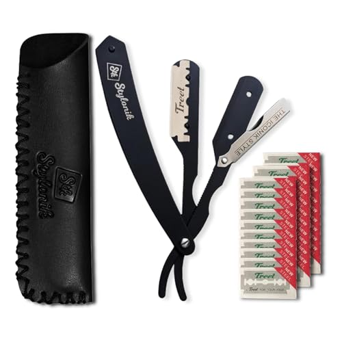 Professional Straight Edge Barber Razor ? 60 Single/30 Double-Sided Stainless Steel Blades for Men & Women, with Leather Case (Silver)