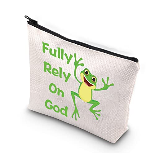 BDPWSS Frog Gift For Frog Lovers Frog Makeup Bag Fully Rely On God Frog Themed Cosmetic Bag Frog Owner Gift Frog Christian Gift (Frog on god)