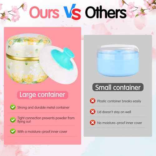 3 Pieces Body Powder Puff and Container, Baby Powder Container Floral Pattern with Large Fluffy Plush Puff Spoon, Baby Woman Loose Dusting Powder Tea Box for Home & Travel Use (Pink, Blue and Yellow)